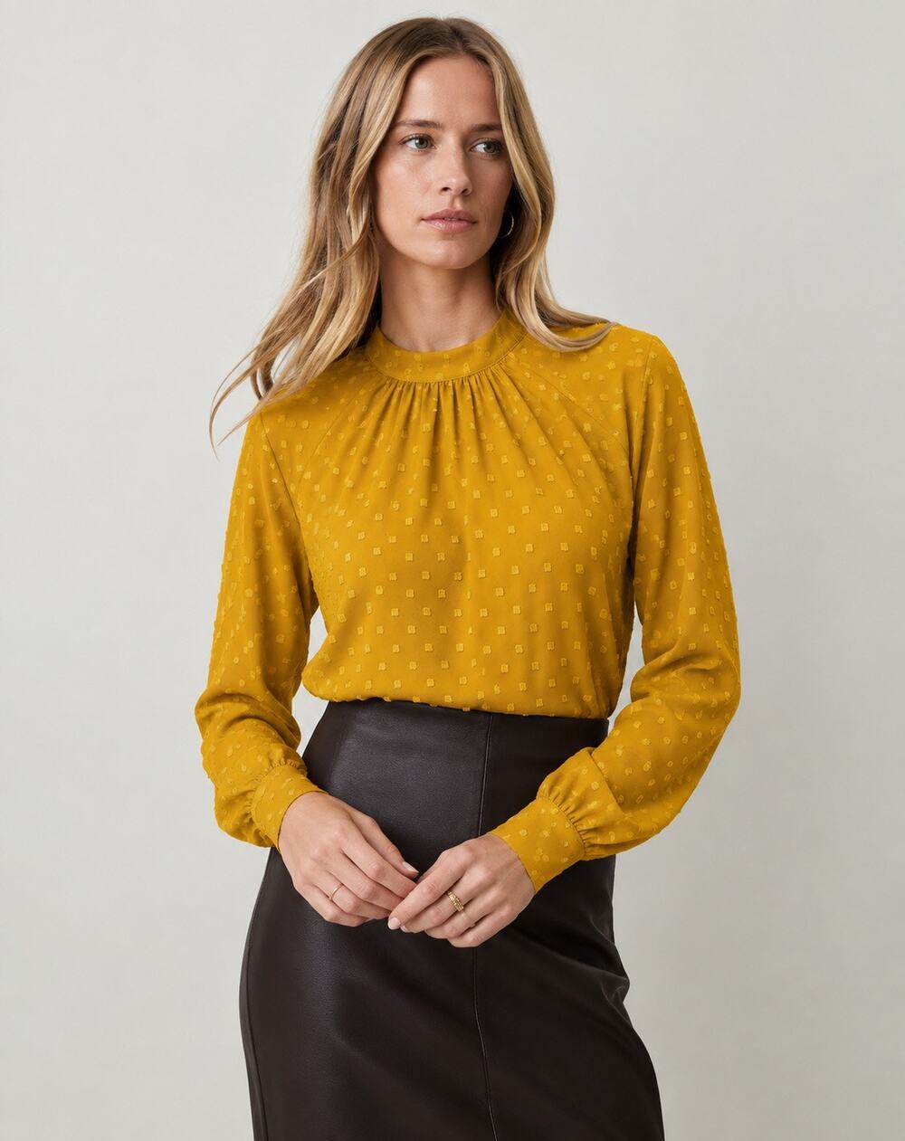 Ann Taylor Women’s Swiss Dot Tie Neck Blouse Mustard Yellow XL